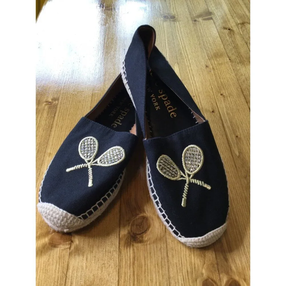 Kate Spade Double Tennis Racket Embroidered Canvas Espadrilles 7.5 Black Gold